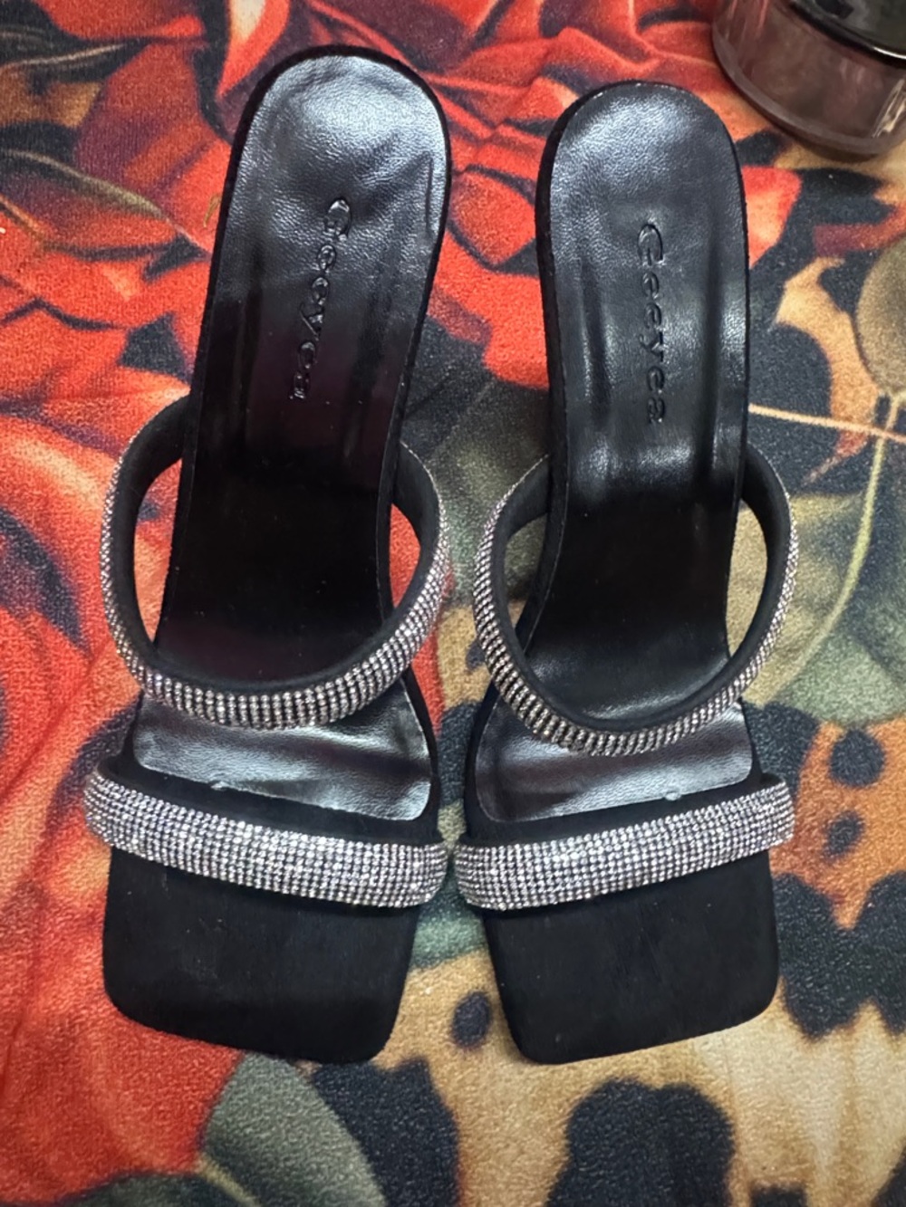 Embellished Black Slide Mules with Crystal Straps